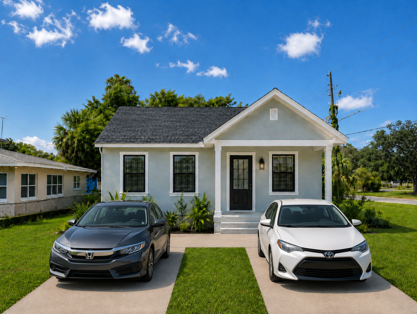 Front rendering showing two parking spaces at the Clearwater property