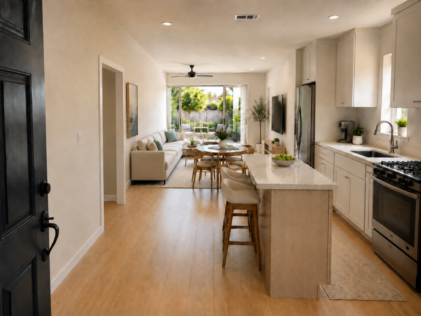 Rendering of the open kitchen and living area